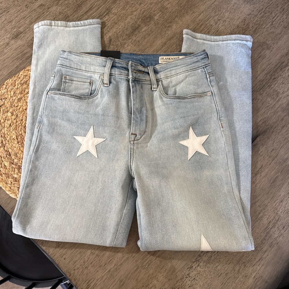 Blank NYC Light Blue Skinny Jeans with White Star Patches